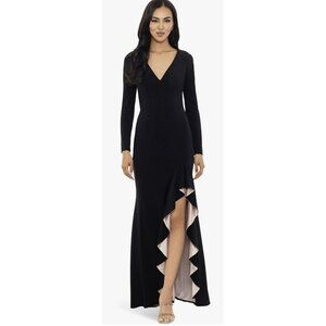 Xscape $249 Black Nude Trudy Ruffle Slit Jersey Formal Maxi Dress Gown Sz 6 NEW